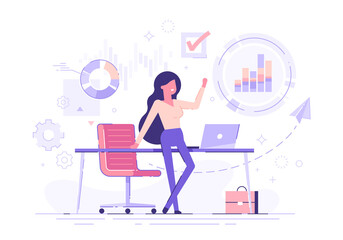 Confident businesswoman standing cross-legged leaning on a table with business process icons and infographics on background. Business charts and diagrams. Vector illustration.
