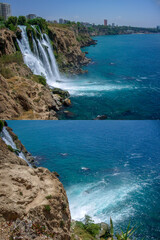 Obraz premium Beautiful waterfall for travel and vacation illustrations. Collage of two photos