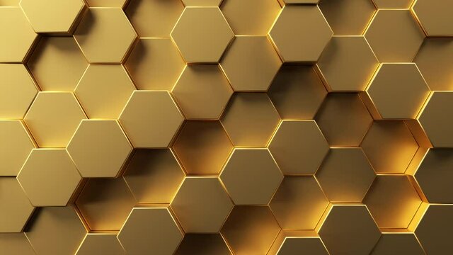 Mosaic surface with moving golden hex shapes. Abstract geometric background. 4K loop animation.