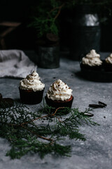 chocolate muffins with cream on gray background