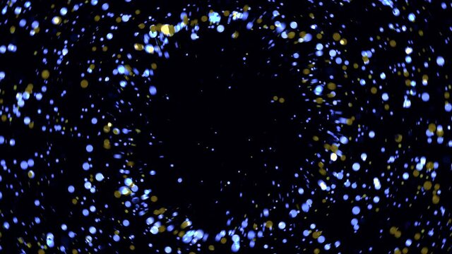 A glowing halo surrounded by the particles of blue color. Animation. A cloud of small circles gathering and becoming a ring with a cloud of small particles that are flowing chaotically on black