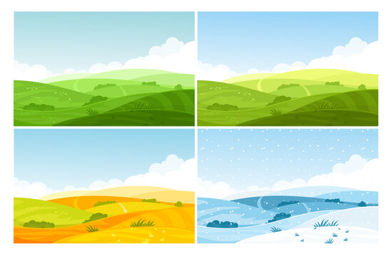 Nature field landscape in four seasons set, cartoon summer spring autumn winter scenes