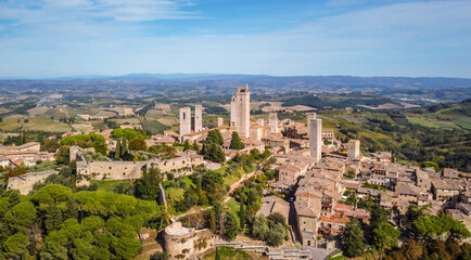 aerial view of the ancient etruscan village of San Gimignano in the Tuscany region of Italy.