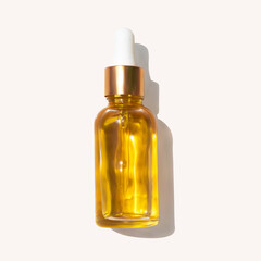 Oil serum glass bottle with trendy hard shadow isolated realistic vector illustration, top view. Aromatherapy oil