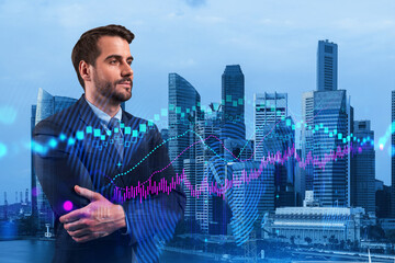 Prosperous Caucasian trader in suit in crossed arms pose dreaming about positive behavior of stock market. Trading at corporate finance fund. Forex chart. Singapore. Double exposure.