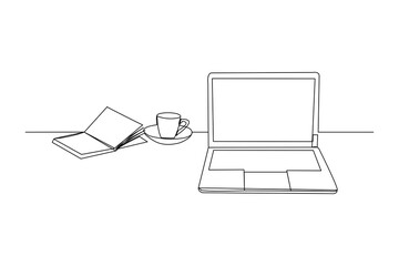 Continuous line drawing of stack of books line up with computer laptop, book and a cup of coffee. One line of study space desk concept. Single line draw design vector illustration