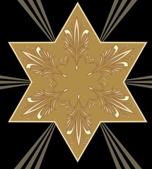 Golden Star of David with embossed ornament on a black background with gold rays. The main religious symbol of Judaism. Vector design