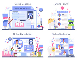 Dentist online service or platform set. Dental doctor in uniform treating