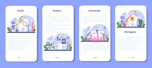 Dentist mobile application banner set. Dental doctor in uniform treating