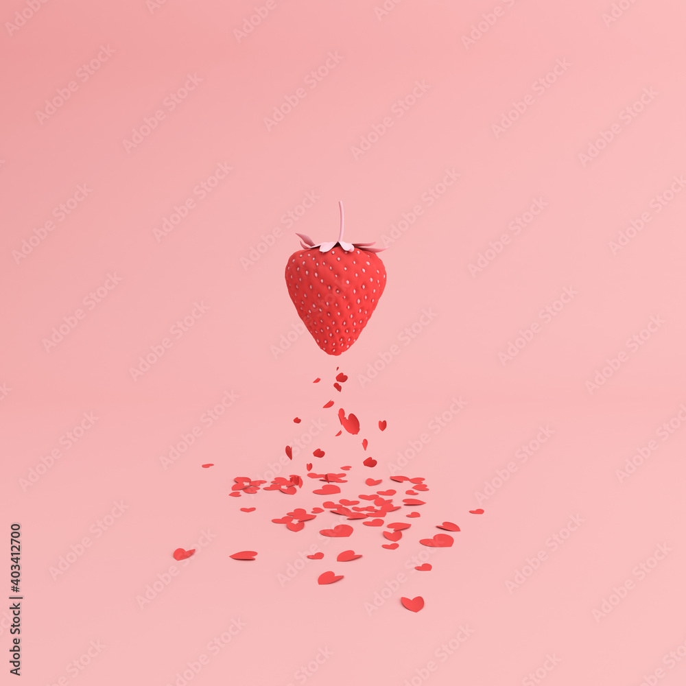 Poster paper heart flake falling from the red strawberry, valentine concept, 3d rendering.