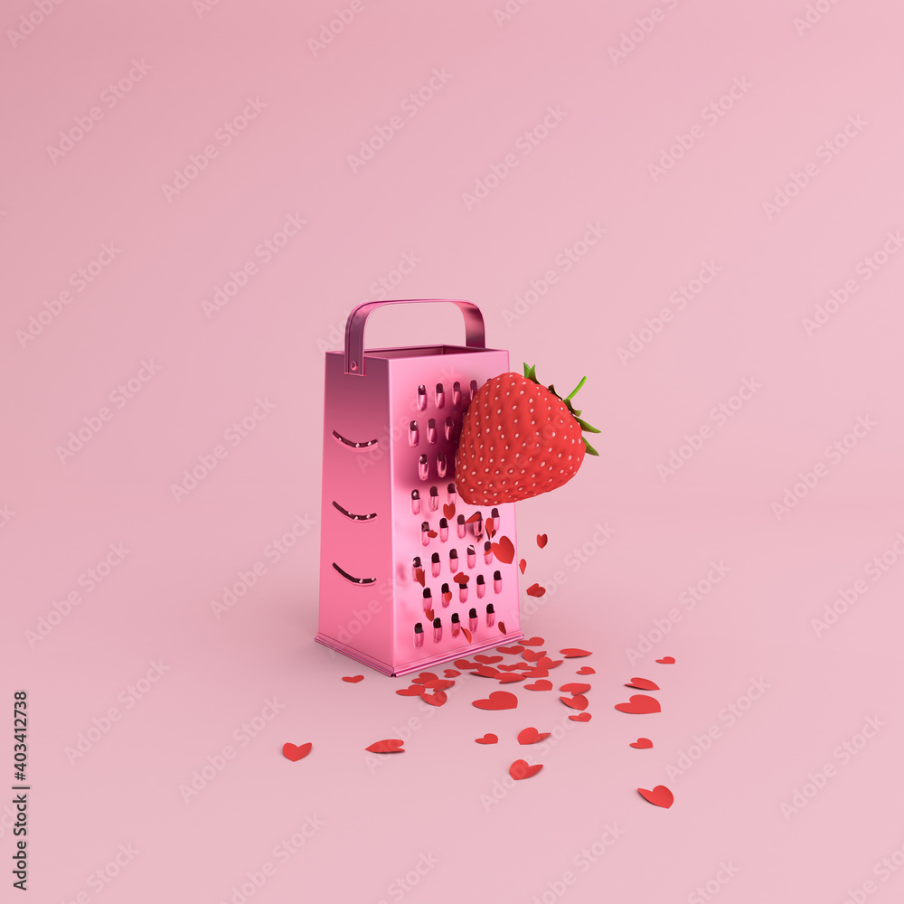 Poster minimal scene of heart flake scattered by strawberry manual grater, valentine concept, 3d rendering.