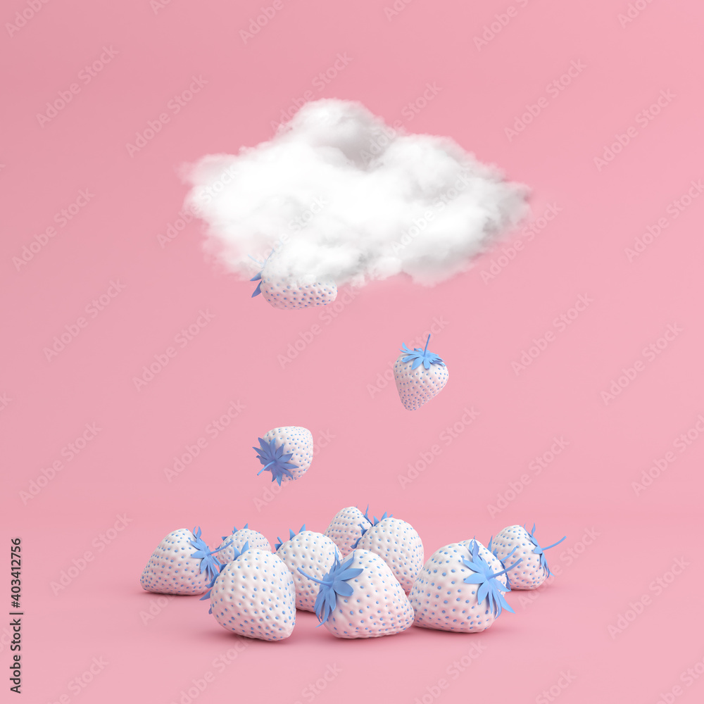 Poster Strawberry falling from the cloud, Minimal concept, 3D rendering.