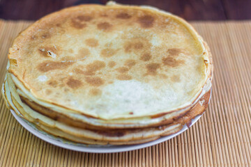 Russian pancakes.A stack of Russian village pancakes.A copy of the space.