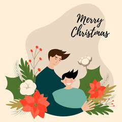 A young man with care and love hugs the child, happy child smiles in Christmas flowers. Merry christmas lettering. Vector flat illustration in modern style.
