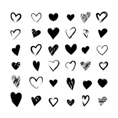 Set of black vector heart icons, for Valentines Day, party, Wedding. Thin line, outline and shape.  Collection of art symbols of love and passion for website, app, invitation cards and advertising