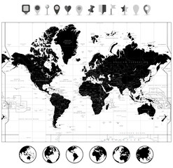 Black World Map and navigation icons isolated on white