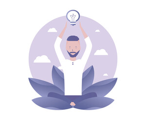 Getting ideas during meditation. Vector illustration for telework, remote working and freelancing, business, start up, social media and blog
