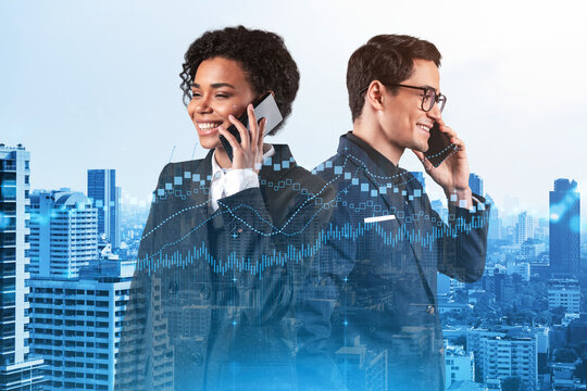 Two colleagues in multinational corporate team processing conference call to forecast the capital market behavior. Concept of trading strategy. Forex chart. Bangkok. Double exposure. - Powered by Adobe