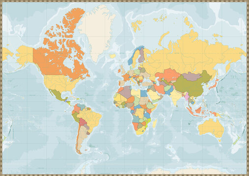 Blank Political World Map vintage color with lakes and rivers