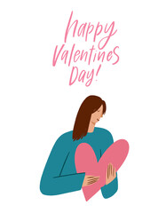 The girl holds red heart shape in her hands. Postcard on a romantic theme. Happy Valentine s Day . Cute young female cartoon flat concept isolated on white background.