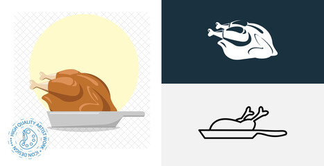 Roasted chicken on a frying pan isolated vector icon. line, solid food design element