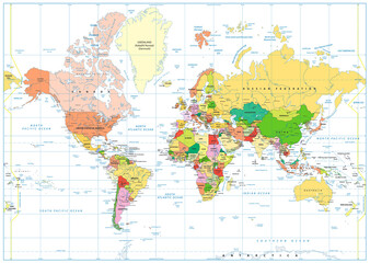 Colored World Map isolated on white with labeling