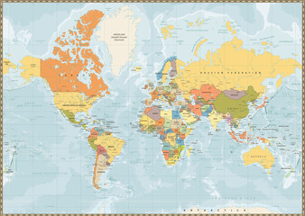 Political World Map vintage color with lakes and rivers