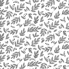 Romantic branch, leaves, berries seamless pattern. Cute doodle graphic illustration. Hand drawn elements. Vector printable collection, wrapping paper, fabric, card, invitation, poster template design.