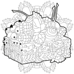 Vector piece of cake with abstract ornaments on a patterned round substrate for coloring.