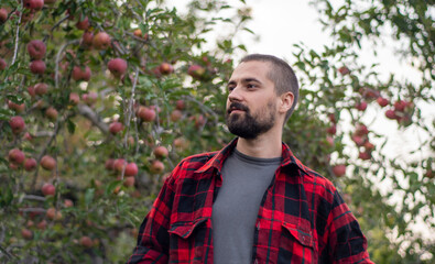 Portrait of a smiling bearded gardener against the background of trees with apples. Organic farm concept. Close-up