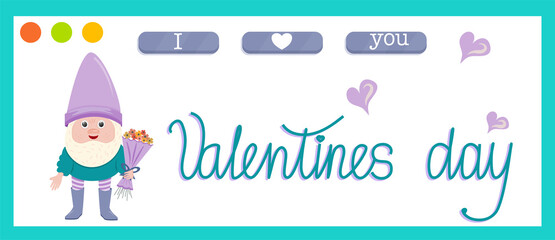 Vector banner for February 14-Valentines Day isolated on white background in cartoon style. Lettering, hearts, a gnome with a bouquet of flowers for website design