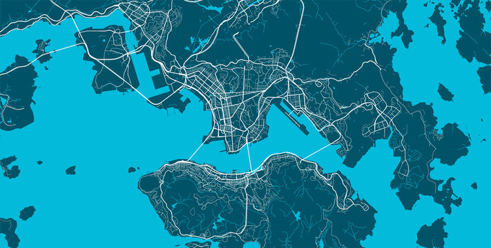 Detailed map of Hong Kong city, linear print map. Cityscape panorama.