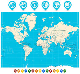 Fototapeta na wymiar World Map vector illustration and map pointers