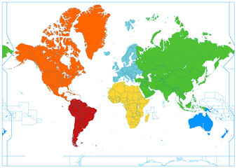 World map with colorful continents. No text