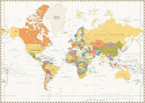 World Map isolated on retro white color background with labeling
