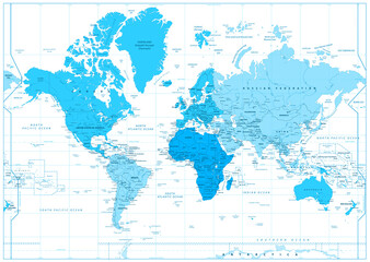 World Map with continents in colors of blue isolated on white