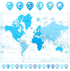 World Map with map pointers and continents in colors of blue isolated on white