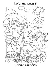Cute spring unicorn with flowers coloring vector