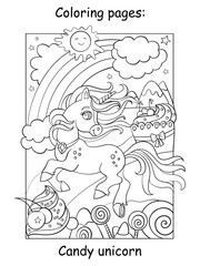 Cute unicorn on shugar land coloring vector