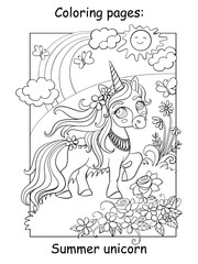 Cute summer unicorn with flowers coloring vector