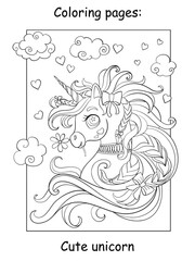 Cute romantic baby unicorn portrait coloring vector