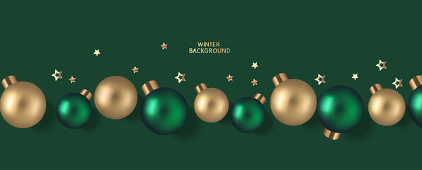 New Year and Christmas design template. Xmas green background with decorative golden and green ball. Flat lay. Top view. Vector stock illustration.