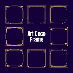 Gold art deco square borders and frames isolated collection. Trendy vintage luxury ornament design elements set. Retro golden geometry line patterns decoration. Vector graphic artwork illustration