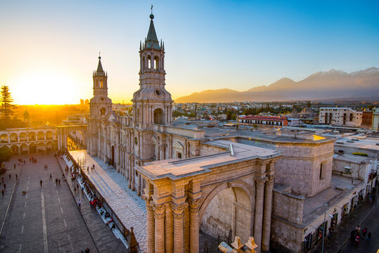 The Basilica Cathedral of Arequipa on sunset