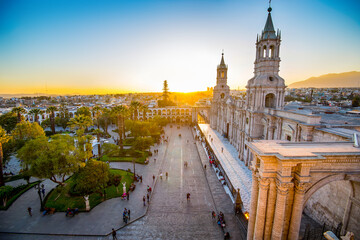 The Basilica Cathedral of Arequipa on sunset - 403416514