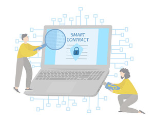 Girl and guy with huge laptop sign a smart contract. Blockchain technology, electronic documents and digital signatures concept. Conclusion of online transactions. Vector flat illustration.