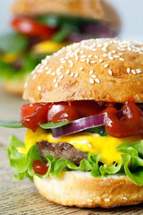 Delicious burgers closeup on the white background