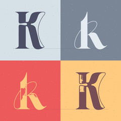 K letter logo with elegant line decoration. Four style serif font set.