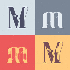 M letter logo with elegant line decoration. Four style serif font set.