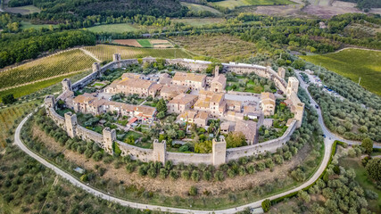 aerial view of the medieval village of Monteriggioni rises at the south-western end of the Chianti region, italy,Europe